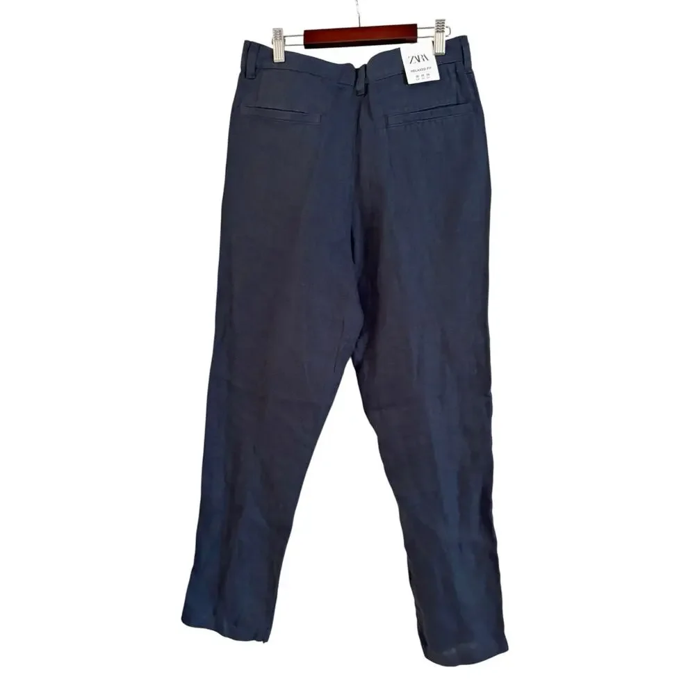 Zara Mens Relaxed Linen Pants Trousers straight Blue US 29 EU 36 NWT